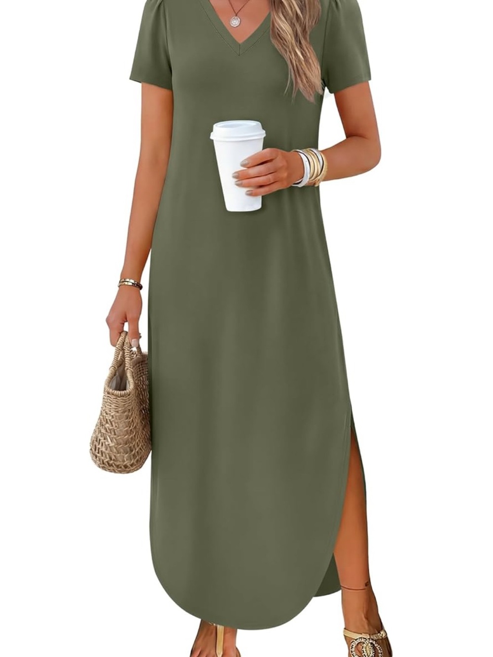 Everyday V-Neck Short Sleeve Maxi Dress in Olive
